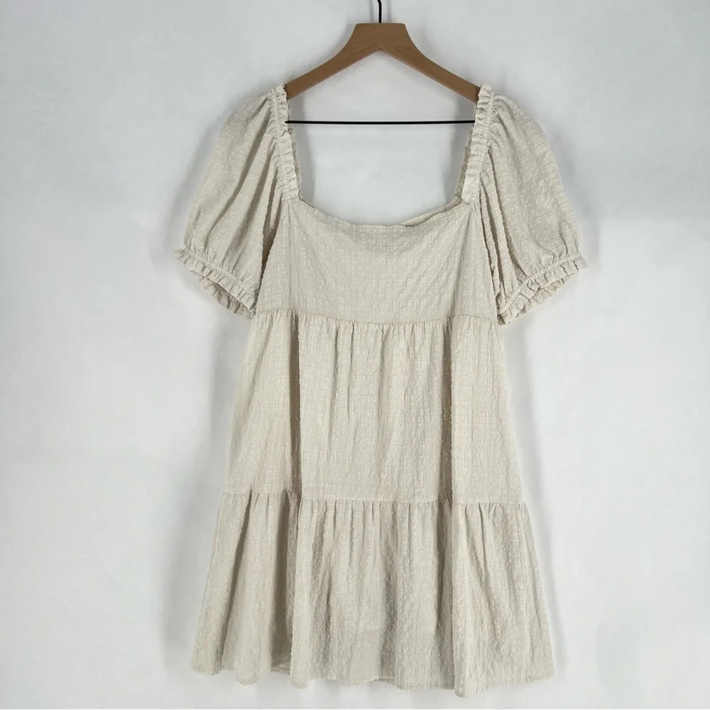 Sophie Rue Cream Lightweight Textured Puff Sleeve Peasant Mini Dress Size L - Picture 7 of 10